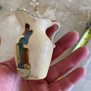 Hand-Painted Mexican Cream Ceramic Mini Pitcher with Colorful Accent